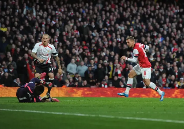 Framed Print : Arsenal vs Liverpool: Lukas Podolski Scores the Second Goal in FA Cup Fifth Round