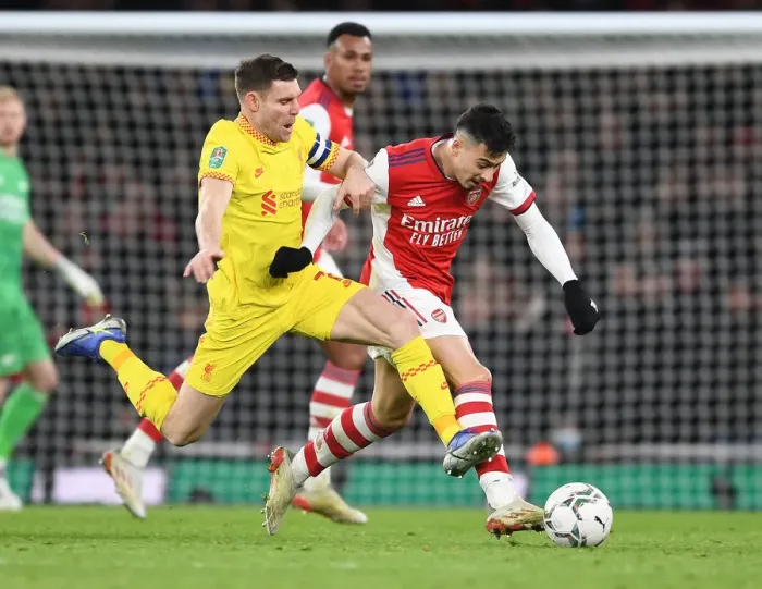 Framed Print : Arsenal vs. Liverpool: Martinelli vs. Milner - Carabao Cup Semi-Final Battle