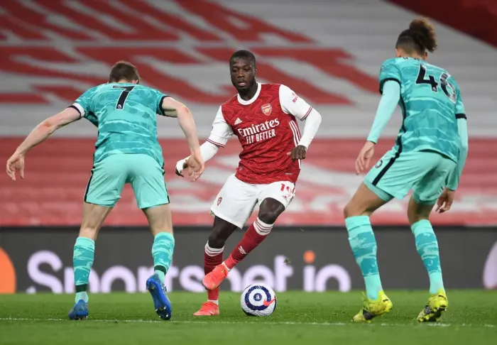 Framed Print : Arsenal vs. Liverpool: Pepe Takes on Milner and Williams in Empty Emirates Stadium, Premier League 2021