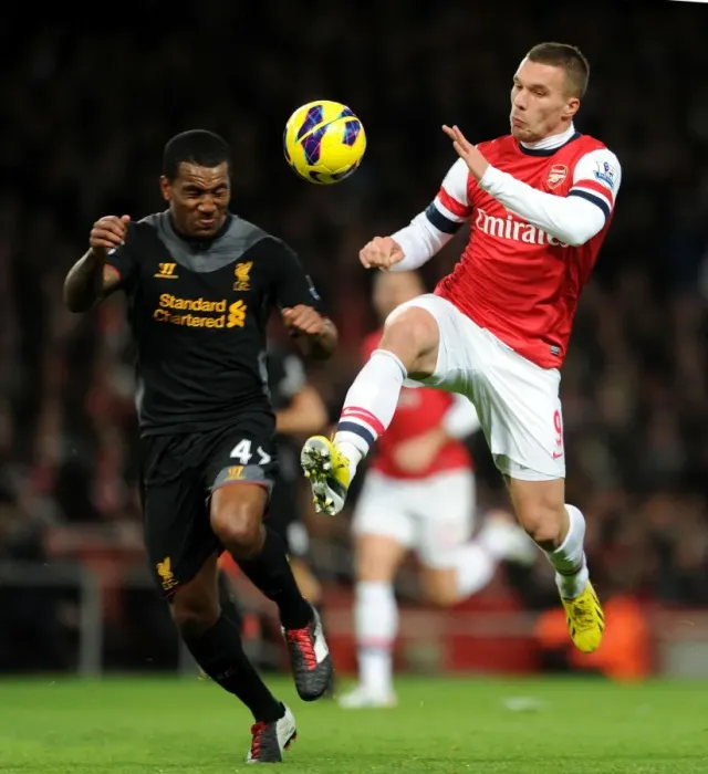 Framed Print : Arsenal vs. Liverpool: Podolski vs. Wisdom - Premier League Clash at Emirates Stadium