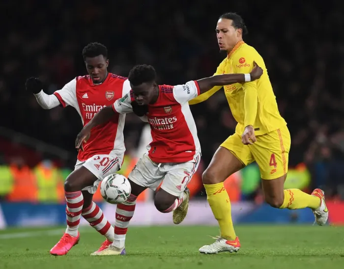 Framed Print : Arsenal vs. Liverpool Showdown: Nketiah, Saka Battle it Out Against Van Dijk in Carabao Cup Semi-Finals Framed Print : Arsenal vs. Liverpool Showdown: Nketiah, Saka Battle it Out Against Van Dijk in Carabao Cup Semi-Finals