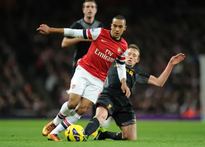 Framed Print : Arsenal vs. Liverpool: Theo Walcott vs. Lucas Leiva - A Football Rivalry Erupts (2012-13)