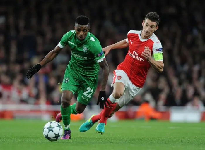 Framed Print : Arsenal vs Ludogorets: Laurent Koscielny Closes In Framed Print : Arsenal vs Ludogorets: Laurent Koscielny Closes In