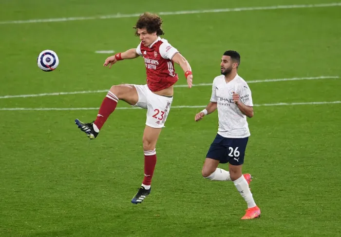 Framed Print : Arsenal vs Manchester City: David Luiz Fends Off Mahrez Amid Empty Emirates Stadium (Premier League 2020-21) Framed Print : Arsenal vs Manchester City: David Luiz Fends Off Mahrez Amid Empty Emirates Stadium (Premier League 2020-21)