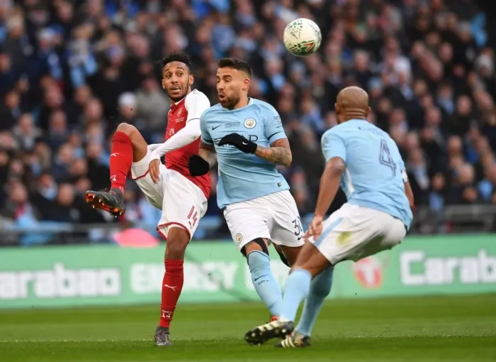 Framed Print : Arsenal vs Manchester City: Aubameyang Clashes with Otamendi and Kompany in Carabao Cup Final