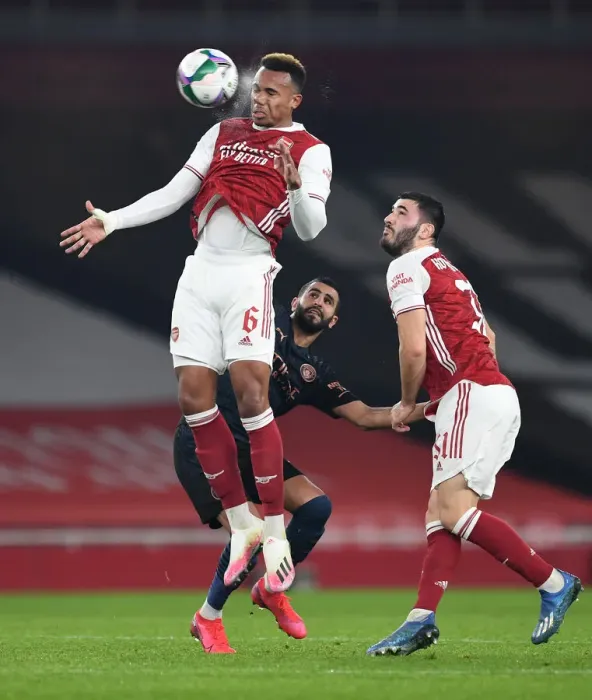 Framed Print : Arsenal vs Manchester City: Carabao Cup Showdown - Gabriel Magalhaes Defends Against Mahrez