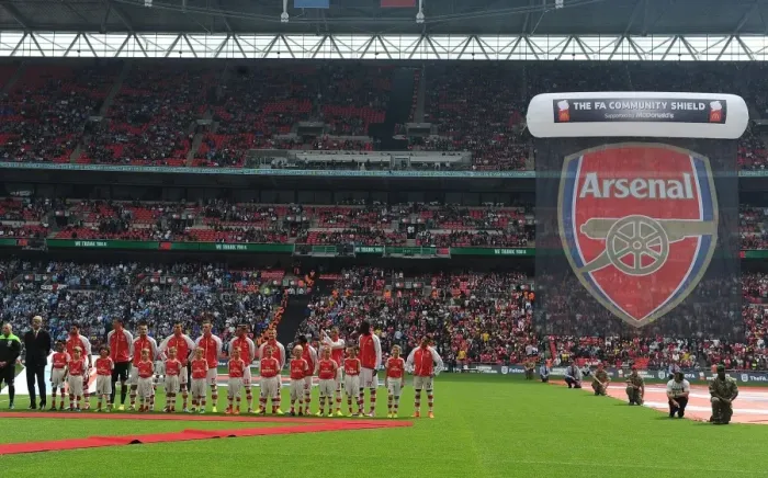 Framed Print : Arsenal vs Manchester City - FA Community Shield 2014: Arsenal Team Alignment at Wembley Stadium