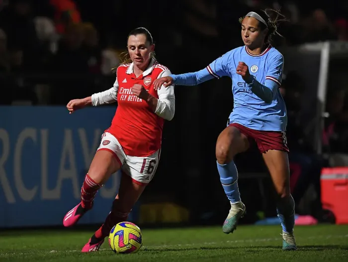 Framed Print : Arsenal vs Manchester City - FA Women's Continental Tyres League Cup Semi-Final: Intense Battle Between Noelle Maritz and Deyna Castellanos