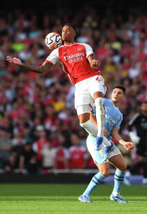Framed Print : Arsenal vs Manchester City: Gabriel Faces Off Against Alvarez in Intense Premier League Clash (2023-24)
