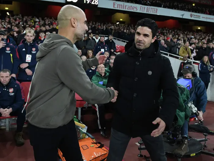 Framed Print : Arsenal vs Manchester City: Mikel Arteta and Pep Guardiola Pre-Match Handshake - Premier League 2022-23