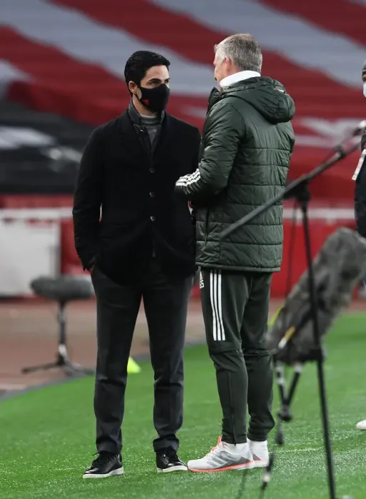 Framed Print : Arsenal vs Manchester United: Mikel Arteta and Ole Gunnar Solskjaer Pre-Match Chat Amid Empty Emirates Stadium (Premier League 2020-21) Framed Print : Arsenal vs Manchester United: Mikel Arteta and Ole Gunnar Solskjaer Pre-Match Chat Amid Empty Emirates Stadium (Premier League 2020-21)