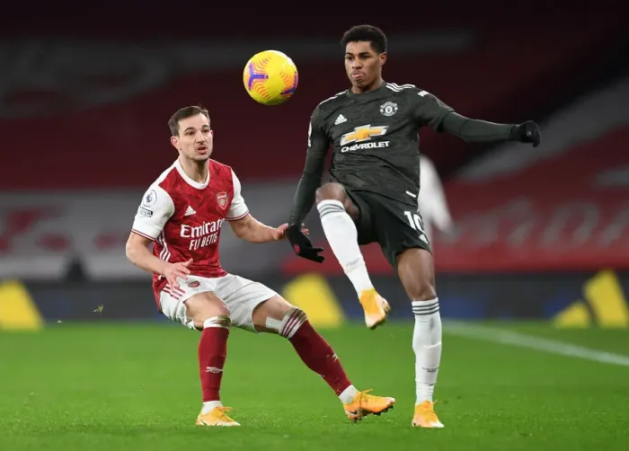 Framed Print : Arsenal vs Manchester United: Cedric Soares Closes Down Rashford in Empty Emirates Stadium, Premier League 2020-21