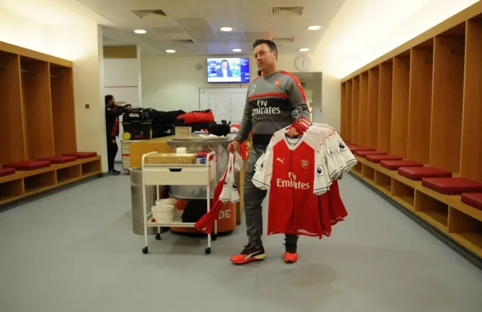 Framed Print : Arsenal vs Manchester United: Paul Akers Prepares the Kit at Emirates Stadium (2016-17)