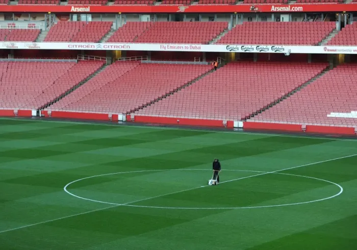 Framed Print : Arsenal vs Manchester United: Pre-Match Pitch Preparation at Emirates Stadium, 2014