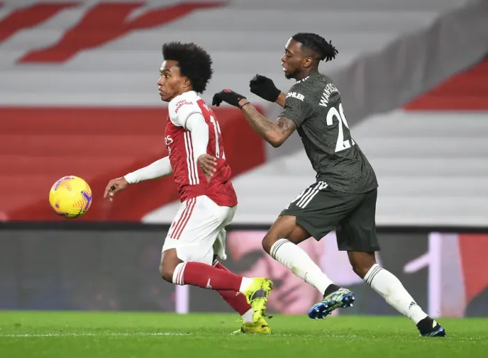 Framed Print : Arsenal vs Manchester United: Willian vs Wan-Bissaka in Empty Emirates Stadium (Premier League 2020-21)