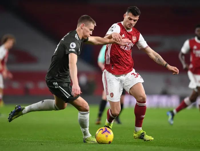 Framed Print : Arsenal vs Manchester United: Xhaka Closes Down McTominay in Empty Emirates Stadium, Premier League 2020-21