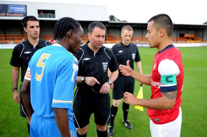 Framed Print : Arsenal vs. Marseille: Nico Yennaris and Ricardo Charles Flip the Coin at Underhill Stadium (NextGen Series 2012-13)
