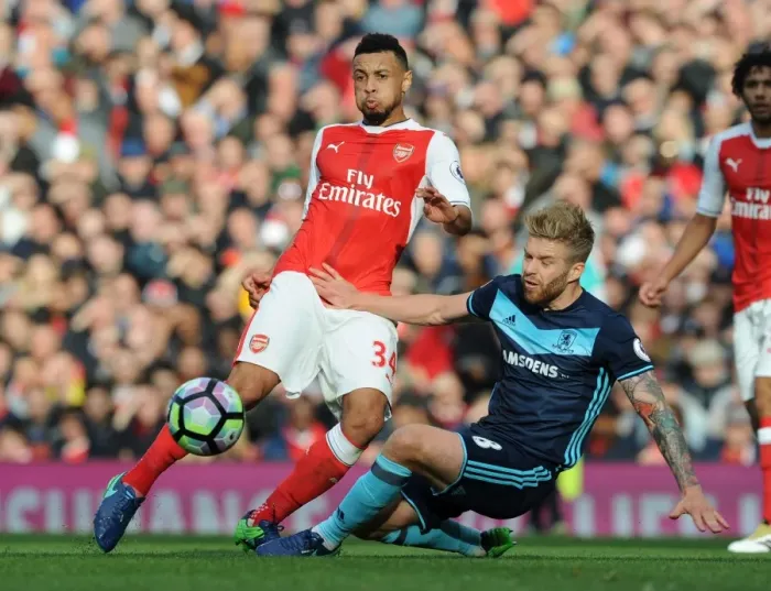 Framed Print : Arsenal vs. Middlesbrough: Coquelin Tackles Clayton in 2016-17 Premier League Clash
