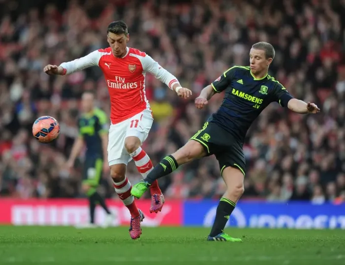 Framed Print : Arsenal vs Middlesbrough: FA Cup Clash - Ozil vs Leadbitter Battle