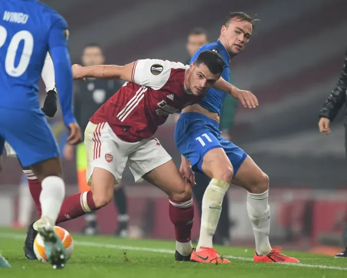 Framed Print : Arsenal vs Molde: Xhaka Clashes with Ellingsen in Europa League Showdown Framed Print : Arsenal vs Molde: Xhaka Clashes with Ellingsen in Europa League Showdown