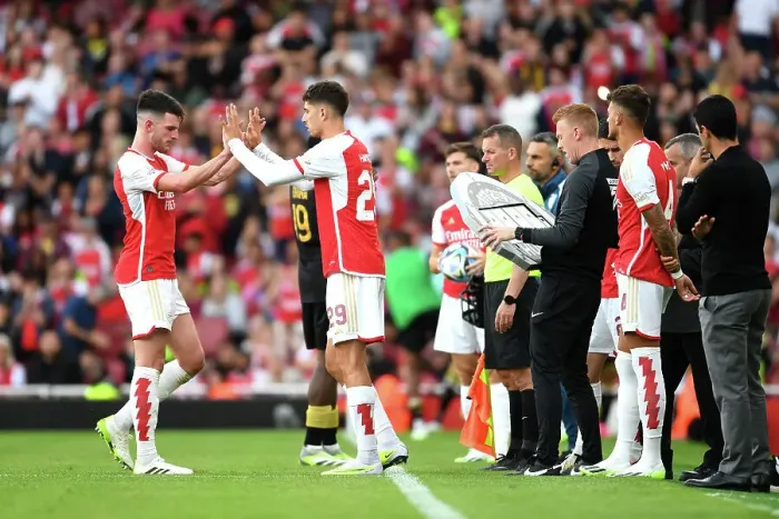 Framed Print : Arsenal vs AS Monaco: Rice Subbed Out in Emirates Cup Clash (2023-24)