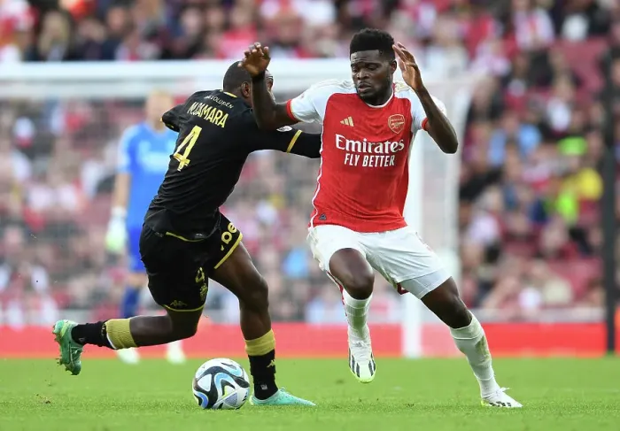 Framed Print : Arsenal vs AS Monaco: Thomas Partey Clashes with Mohamed Camara at the Emirates Cup, 2023-24