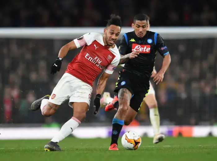 Framed Print : Arsenal vs. Napoli: Aubameyang Clashes with Allan in Europa League Quarterfinal