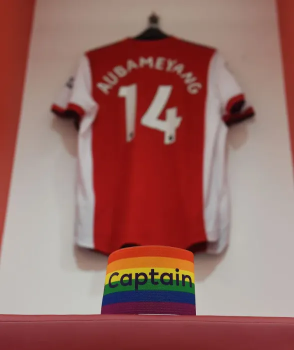 Framed Print : Arsenal vs Newcastle United: Pierre-Emerick Aubameyang's Captain's Armband at Emirates Stadium (2021-22)