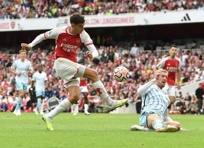 Framed Print : Arsenal vs. Nottingham Forest: Kai Havertz's Shot Blocked by Joe Worrall in 2023-24 Premier League Clash Framed Print : Arsenal vs. Nottingham Forest: Kai Havertz's Shot Blocked by Joe Worrall in 2023-24 Premier League Clash