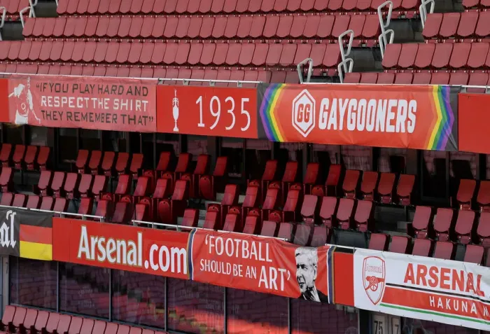 Framed Print : Arsenal vs Olympiacos: Gay Gooners Protest at Europa League Match, Emirates Stadium, London, 2020