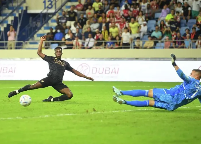 Framed Print : Arsenal vs. Olympique Lyonnais: Eddie Nketiah Scores in Dubai Super Cup Match, 2022-23 Framed Print : Arsenal vs. Olympique Lyonnais: Eddie Nketiah Scores in Dubai Super Cup Match, 2022-23
