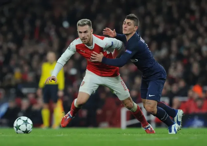 Framed Print : Arsenal vs. Paris Saint-Germain: Aaron Ramsey vs. Marco Verratti Battle in the 2016-17 UEFA Champions League Framed Print : Arsenal vs. Paris Saint-Germain: Aaron Ramsey vs. Marco Verratti Battle in the 2016-17 UEFA Champions League