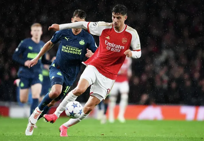 Framed Print : Arsenal vs PSV Eindhoven: Havertz Throws Down the Gauntlet in Champions League Showdown (2023-24)