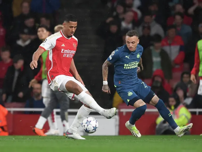 Framed Print : Arsenal vs PSV Eindhoven: William Saliba Faces Off in UEFA Champions League Group B Clash Framed Print : Arsenal vs PSV Eindhoven: William Saliba Faces Off in UEFA Champions League Group B Clash