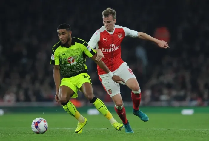 Framed Print : Arsenal vs. Reading: Clash between Rob Holding and Dominic McCleary in the EFL Cup