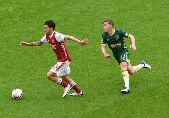 Framed Print : Arsenal vs Sheffield United: Dani Ceballos Clashes with Ben Osborn in Premier League Showdown