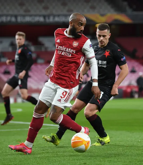 Framed Print : Arsenal vs Slavia Prague: Alexandre Lacazette Faces Off in Empty Europa League Quarterfinal
