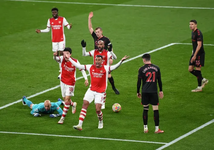 Framed Print : Arsenal vs Southampton: Gabriel Magalhaes Goal Appeal - Premier League 2021-22