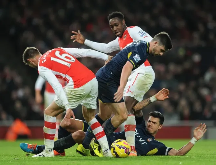 Framed Print : Arsenal vs. Southampton: Intense Battle Between Ramsey, Welbeck, Long, and Fonte (2014-15) Framed Print : Arsenal vs. Southampton: Intense Battle Between Ramsey, Welbeck, Long, and Fonte (2014-15)