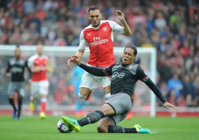 Framed Print : Arsenal vs. Southampton Showdown: Perez vs. Van Dijk Clash in Premier League Framed Print : Arsenal vs. Southampton Showdown: Perez vs. Van Dijk Clash in Premier League