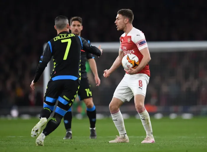 Framed Print : Arsenal vs. S.S.C. Napoli: Aaron Ramsey in Europa League Quarterfinal Action at Emirates Stadium