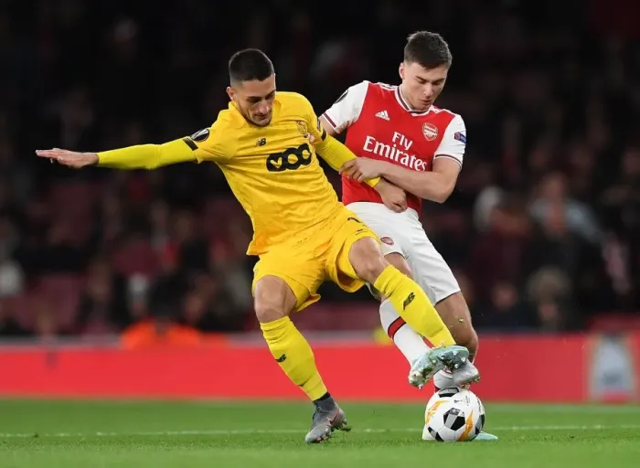 Framed Print : Arsenal vs Standard Liege: Kieran Tierney Clashes with Aleksandar Beljevic in Europa League Showdown Framed Print : Arsenal vs Standard Liege: Kieran Tierney Clashes with Aleksandar Beljevic in Europa League Showdown