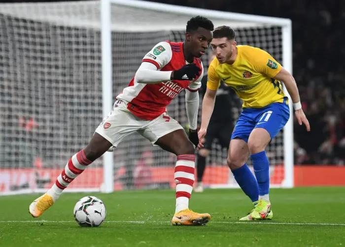 Framed Print : Arsenal vs Sunderland: Carabao Cup Quarterfinal Showdown - Eddie Nketiah Faces Off Against Lynden Gooch Framed Print : Arsenal vs Sunderland: Carabao Cup Quarterfinal Showdown - Eddie Nketiah Faces Off Against Lynden Gooch
