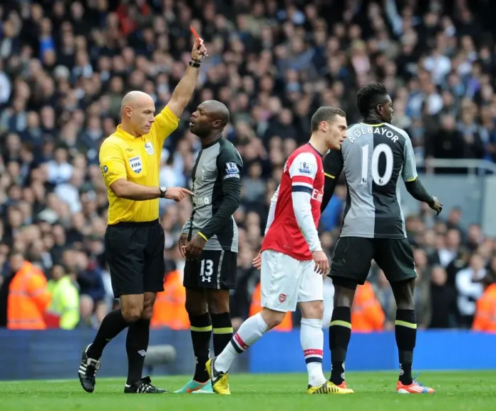 Framed Print : Arsenal vs. Tottenham: Howard Webb Shows Red Card to Emmanuel Adebayor Framed Print : Arsenal vs. Tottenham: Howard Webb Shows Red Card to Emmanuel Adebayor
