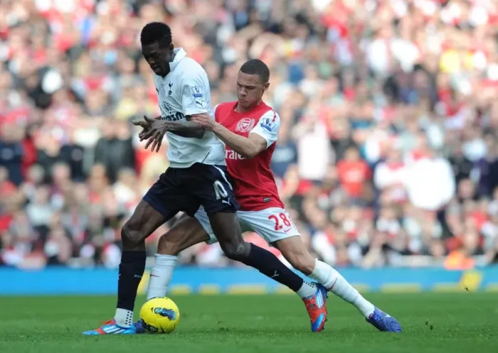 Framed Print : Arsenal vs. Tottenham: Intense Battle - Kieran Gibbs Tackles Emmanuel Adebayor (2011-12)