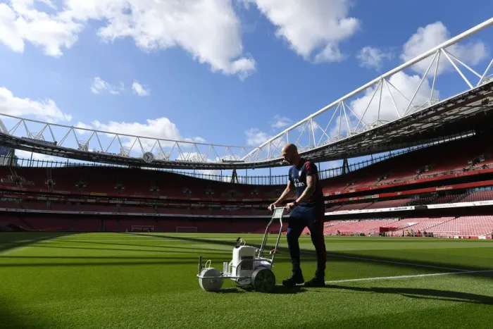 Framed Print : Arsenal vs. Tottenham: Pre-Match Pitch Preparation at Emirates Stadium, 2019-20 Premier League