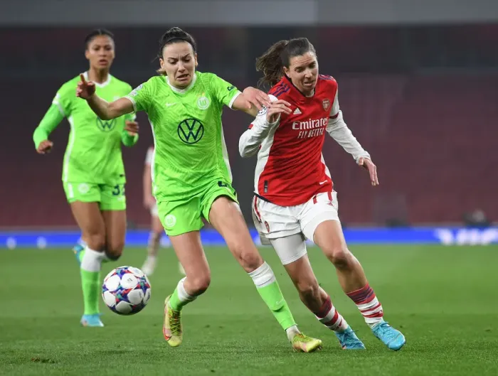 Framed Print : Arsenal vs. VfL Wolfsburg: Tobin Heath and Joelle Wedemeyer Clash in UEFA Women's Champions League Quarterfinals