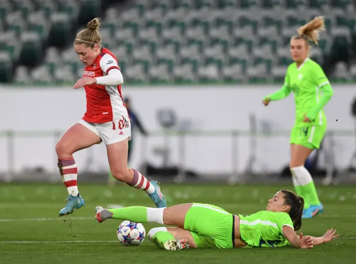 Framed Print : Arsenal vs. VfL Wolfsburg: A Battle in the UEFA Women's Champions League Quarterfinals