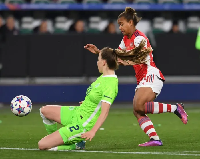 Framed Print : Arsenal vs. VfL Wolfsburg: A Battle in the UEFA Women's Champions League Quarterfinals