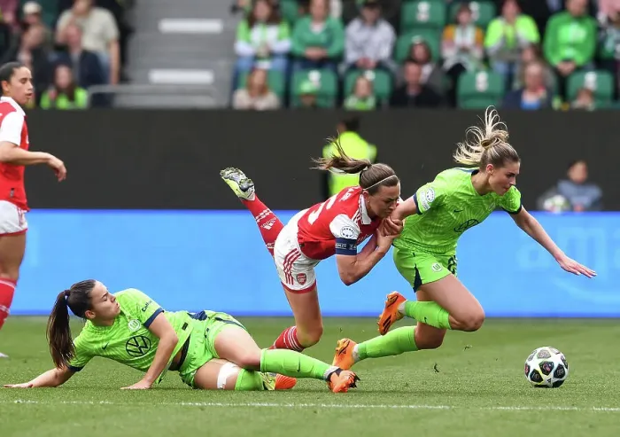 Framed Print : Arsenal vs. VfL Wolfsburg: A Battle in the UEFA Women's Champions League Semi-Finals
